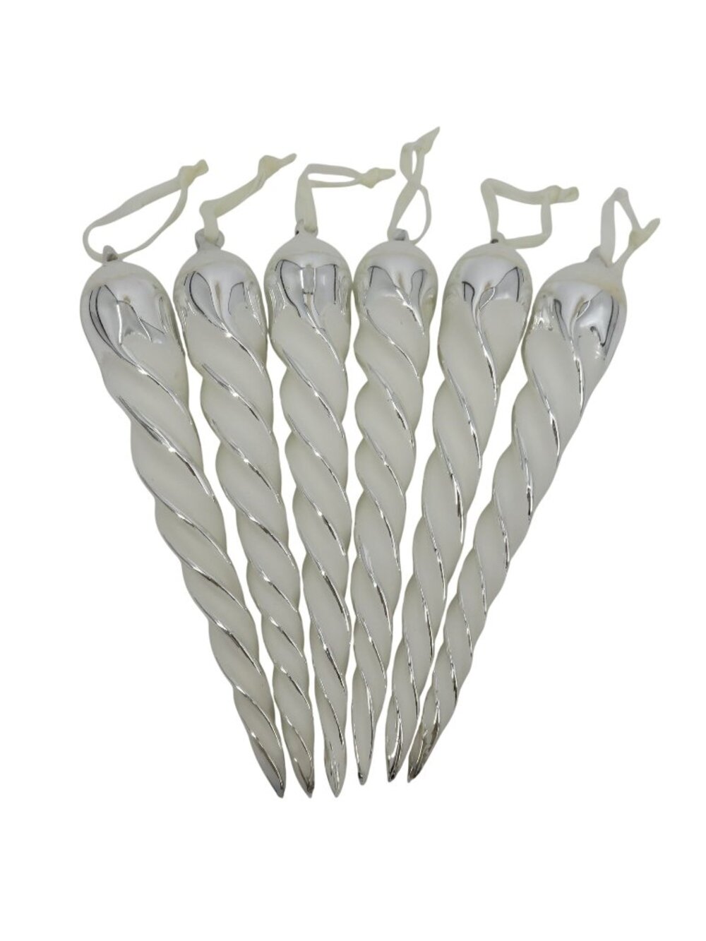 VTG Set of 6 Glass Ornaments 10.25in Mirrored Silver White Glitter Icicle Twist